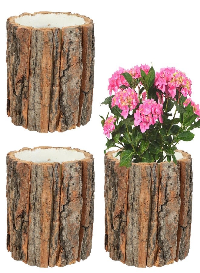 AIHSUMC 3 Pcs Wooden Vase for Centerpieces, 3.9 in Bark Vase Rustic Wooden Bark Flower Pots Country Style Stump Bucket Planter for Woodland Party Wedding Window Home Farmhouse Table Decor - Image 1